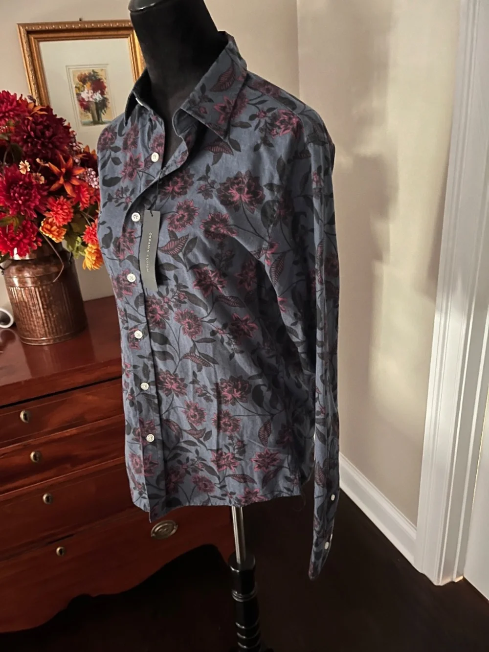 NWT Men’s Banana Republic Dark Blue Floral Print Organic Cotton Button Down S